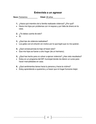 57
Entrevista a un agresor
Sexo: Femenino Edad: 26 años
1. ¿Hacia qué miembro de tu familia realizaste violencia? ¿Por qué?
Hacia mis hijos por problemas con mi esposo y por falta de dinero en la
casa.
2. ¿Te dabas cuenta de esto?
Sí.
3. ¿Qué tipo de violencia realizabas?
Los goleo con el cinturón sin motivo por lo que logré que no me quieran.
4. ¿Qué consecuencias te trajo el hacer esto?
Que mis hijos se fueran a otro hogar (de un hermano).
5. ¿Qué has hecho para no volver a ejercer violencia? ¿Has visto resultados?
Estoy en un programa del DIF municipal donde me dieron un curso para
hacer manualidades en casa.
6. ¿Qué sentimientos tienes hacia tu persona y hacia la víctima?
Estoy aprendiendo a quererme y a hacer que mi hogar funcione mejor.
 