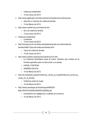 69
o Violencia Intrafamiliar
o 10 de marzo de 2013
http://www.pgjdf.gob.mx/index.php/servicios/atencionvictimas/cavi
o Atención a víctimas de violencia familiar
o 13 de Marzo de 2013
http://www.codhet.org.mx/violencia.htm
o No a la violencia familiar
o 13 de marzo de 2013
Violencia intrafamiliar
o LoreAresti
o 13 de marzo de 2013
http://tareasya.com.mx/index.php/padres/ayuda-a-tu-hijo/violencia-
familiar/5460-Tipos-de-violencia-familiar.html
o Tipos de violencia familiar
o 14 de marzo de 2013
http://www.ubiobio.cl/cps/ponencia/doc/p10.4.htm
o La Violencia Doméstica hacia el Varón: factores que inciden en el
hombre agredido para no denunciar a su pareja
o CAROL FONTENA
o ANDRÉS GATICA
o 15 de Marzo de 2013
http://es.wikipedia.org/wiki/Violencia_contra_la_mujer#Violencia_contra_la_
mujer_en_la_familia
o Violencia contra la mujer
o 15 de Marzo de 2013
http://www.psicologia.ull.es/admiguel/ABUSO-
MALTRATO%20ANCIANOS%202008.pdf
o Indicadores de negligencia y maltrato en ancianos
o 15 de Marzo de 2013
 