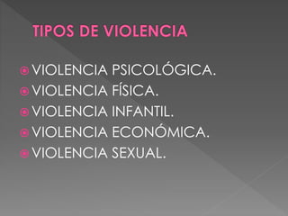  VIOLENCIA PSICOLÓGICA.
 VIOLENCIA FÍSICA.
 VIOLENCIA INFANTIL.
 VIOLENCIA ECONÓMICA.
 VIOLENCIA SEXUAL.
 
