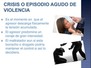 Es el momento en que el
agresor descarga físicamente
la tensión acumulada.
 El agresor predomina un
coraje de gran intensidad.
 El maltratador aun si esta
borracho o drogado podría
mantener el control si así lo
decidiera.
 