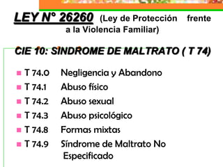LEY N° 26260         (Ley de Protección   frente
            a la Violencia Familiar)

CIE 10: SINDROME DE MALTRATO ( T 74)

 T 74.0   Negligencia y Abandono
 T 74.1   Abuso físico
 T 74.2   Abuso sexual
 T 74.3   Abuso psicológico
 T 74.8   Formas mixtas
 T 74.9   Síndrome de Maltrato No
            Especificado
 