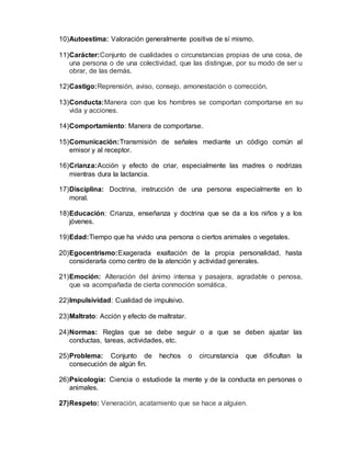 11)Carácter:Conjunto de cualidades o circunstancias propias de una cosa, de
una persona o de una colectividad, que las distingue, por su modo de ser u
obrar, de las demás.
12)Castigo:Reprensión, aviso, consejo, amonestación o corrección.
13)Conducta:Manera con que los hombres se comportan comportarse en su
vida y acciones.
14)Comportamiento: Manera de comportarse.
15)Comunicación:Transmisión de señales mediante un código común al
emisor y al receptor.
16)Crianza:Acción y efecto de criar, especialmente las madres o nodrizas
mientras dura la lactancia.
17)Disciplina: Doctrina, instrucción de una persona especialmente en lo
moral.
18)Educación: Crianza, enseñanza y doctrina que se da a los niños y a los
jóvenes.
19)Edad:Tiempo que ha vivido una persona o ciertos animales o vegetales.
20)Egocentrismo:Exagerada exaltación de la propia personalidad, hasta
considerarla como centro de la atención y actividad generales.
21)Emoción: Alteración del ánimo intensa y pasajera, agradable o penosa,
que va acompañada de cierta conmoción somática.
22)Impulsividad: Cualidad de impulsivo.
23)Maltrato: Acción y efecto de maltratar.
24)Normas: Reglas que se debe seguir o a que se deben ajustar las
conductas, tareas, actividades, etc.
25)Problema: Conjunto de hechos o circunstancia que dificultan la
consecución de algún fin.
26)Psicología: Ciencia o estudiode la mente y de la conducta en personas o
animales.
27)Respeto: Veneración, acatamiento que se hace a alguien.
28)Sanción: Pena que una ley o un reglamento establece para sus infractores.
 