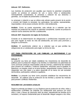 Las medidas de protección son aquellas que impone la autoridad competente
cuando se produce en perjuicio de uno o varios niños o adolescentes
individualmente considerados, la amenaza o violación de sus derechos o
garantías, con el objeto de preservarlos o restituirlos.
La amenaza o violación a que se refiere este artículo puede provenir de la acción
u omisión del Estado la sociedad, los particulares, los padres, representantes,
responsables o de la propia conducta del niño o del adolescente.
Análisis: Como se puede argumentar, este artículo da a entender que las
medidas de protección las impone la autoridad competente, cuando se produce la
violación de los derechos del niño o adolescente.
Artículo 624°. Imposición de reglas de Conducta.
Consiste en la determinación de obligaciones o prohibiciones impuestas por el
juez para regular el modo de vida del adolescente, así como para promover y
asegurar su formación.
Análisis: El asentimiento anterior da a entender que un juez prohíbe las
obligaciones de un adolescente para reglar su forma de vida.
LEY PARA PROTECCIÓN DE LAS FAMILIAS, LA MATERNIDAD Y LA
PATERNIDAD.
Artículo 1°.
La presente Ley tiene por objeto establecer los mecanismos de desarrollo de
políticas para la protección integral a las familias, la maternidad y la paternidad así
como promover prácticas responsables ante las mismas, y determinar las medidas
para prevenir los conflictos y violencia intrafamiliar, educando para la igualdad, la
tolerancia y el respeto mutuo en el seno familiar, asegurándole a todas y todos sus
integrantes una vida digna y su pleno desarrollo en el marco de una sociedad
democrática, participativa, solidaria e igualitaria.
Análisis: La presente Ley tiene como propósito establecer los mecanismos de
desarrollo de políticas para la protección de las familias y acordar las medidas
para prevenir conflictos intrafamiliar.
RESUMEN DE LAS BASES LEGALES
Según la pirámide de Kelsen La Ley Orgánica para la protección de niños, niñas y
adolescentes (LOPNNA) Se entiende por adolescente toda persona con doce
años o más y menos de dieciocho años de edad,naturalmente las familias de la
sociedad y el espacio fundamental para el desarrollo integral asegura a los niños,
niñas o adolecentes sus derechos y garantías, todos los niños y adolescentes
tienen derecho a tener una familia, vivir en una casa y ser criados con seguridad,
esfuerzo, comprensión y respeto reciproco, tienen derecho de un buen trato, tener
 