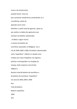 ressor e de testemunhas, 
quando houver. Uma vez 
que o presente estudo busca compreender as ci 
rcunstâncias sociais da 
agressão assim como 
identificar o perfil social do agressor, optou-se 
por analisar os dados dos agressores que 
constam nos boletins selecionados 
. A tabela a seguir mostra 
o número de boletins de 
ocorrência arquivados na Delegacia, nos a 
nos de 2004, 2005 e 2006. Os boletins denominados 
como “específicos” referem-se àqueles enco 
ntrados com maior freqüência nos registros 
policiais e correspondem às situações de 
ameaça, lesão corporal e vias de fato. 
TABELA 8 
Número total de boletins de ocorrência e 
de boletins de ocorrência “específicos” 
nos anos de 2004, 2005 e 2006 
Ano 
Total de boletins 
Boletins específicos 
2004 
679 
 