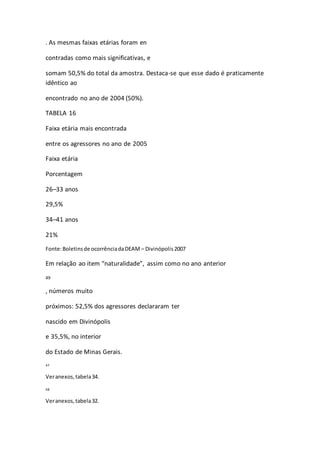 . As mesmas faixas etárias foram en 
contradas como mais significativas, e 
somam 50,5% do total da amostra. Destaca-se que esse dado é praticamente 
idêntico ao 
encontrado no ano de 2004 (50%). 
TABELA 16 
Faixa etária mais encontrada 
entre os agressores no ano de 2005 
Faixa etária 
Porcentagem 
26–33 anos 
29,5% 
34–41 anos 
21% 
Fonte: Boletins de ocorrência da DEAM – Divinópolis 2007 
Em relação ao item “naturalidade”, assim como no ano anterior 
49 
, números muito 
próximos: 52,5% dos agressores declararam ter 
nascido em Divinópolis 
e 35,5%, no interior 
do Estado de Minas Gerais. 
47 
Ver anexos, tabela 34. 
48 
Ver anexos, tabela 32. 
 
