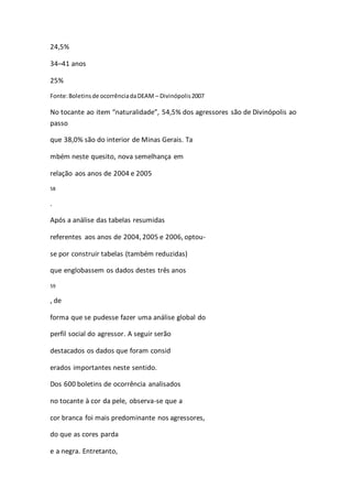 24,5% 
34–41 anos 
25% 
Fonte: Boletins de ocorrência da DEAM – Divinópolis 2007 
No tocante ao item “naturalidade”, 54,5% dos agressores são de Divinópolis ao 
passo 
que 38,0% são do interior de Minas Gerais. Ta 
mbém neste quesito, nova semelhança em 
relação aos anos de 2004 e 2005 
58 
. 
Após a análise das tabelas resumidas 
referentes aos anos de 2004, 2005 e 2006, optou-se 
por construir tabelas (também reduzidas) 
que englobassem os dados destes três anos 
59 
, de 
forma que se pudesse fazer uma análise global do 
perfil social do agressor. A seguir serão 
destacados os dados que foram consid 
erados importantes neste sentido. 
Dos 600 boletins de ocorrência analisados 
no tocante à cor da pele, observa-se que a 
cor branca foi mais predominante nos agressores, 
do que as cores parda 
e a negra. Entretanto, 
 