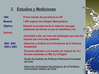 2. Estudios y Mediciones
1992          Primer estudio de prevalencia en VIF
Muestra       1.000 mujeres de la Región Metropolitana
Objetivo      Detectar la prevalencia de la violencia conyugal,
              analizando las formas en que se manifiesta y los
factores
              vinculados a ella, así como las estrategias que usan las
              mujeres que viven este problema
2001, 2002    Detección y Análisis de la Prevalencia de la Violencia
2003 y 2004   Intrafamiliar
              Encuesta aplicada a una muestra de mujeres de 15 a
              49 años residentes en RM, II y III Región
              Centro de Análisis de Políticas Públicas-Universidad
              de Chile
               Dirección de Estudios Sociológicos de la Pontificia
               Universidad Católica de Chile.
 