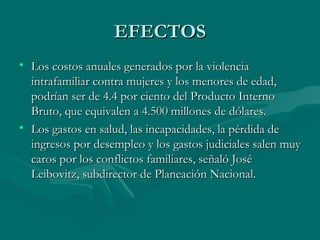 EFECTOS Los costos anuales generados por la violencia intrafamiliar contra mujeres y los menores de edad, podrían ser de 4.4 por ciento del Producto Interno Bruto, que equivalen a 4.500 millones de dólares.  Los gastos en salud, las incapacidades, la pérdida de ingresos por desempleo y los gastos judiciales salen muy caros por los conflictos familiares, señaló José Leibovitz, subdirector de Planeación Nacional.  