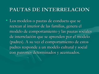 PAUTAS DE INTERRELACION Los modelos o pautas de conducta que se recrean al interior de las familias, genera el modelo de comportamiento y las pautas sociales de interrelación que se aprenden por el modelo (padres). A su vez el comportamiento de estos padres responde a un modelo cultural y social con patrones determinados y acentuados.  