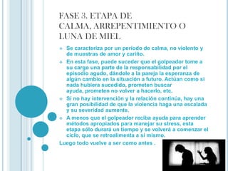 La pareja intenta modificar su comportamiento a fin de evitar la violencia. Por ejemplo: mantener la casa cada vez más limpia, a los chicos más silenciosos, etc.  El abuso físico y verbal continúa.   La mujer comienza a sentirse responsable por el abuso.  El violento se pone obsesivamente celoso y trata de controlar todo lo que puede: el tiempo y comportamiento de la mujer (cómo se viste, adónde va, con quién está, etc.)  El violento trata de aislar a la víctima de su familia y amistades. Puede decirle, por ejemplo, que si se aman no necesitan a nadie más, o que los de afuera son de palo, o que le llenan la cabeza, o que están locos etc.  Esta fase difiere según los casos. La duración puede ser de semanas, días,  meses o años. Se va acortando con el transcurrir del tiempo.  FASE 2. EPISODIO AGUDO DE VIOLENCIA Aparece la necesidad de descargar las tensiones acumuladas  