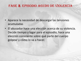 FASE 2. Episodio agudo de violencia



• Aparece la necesidad de descargar las tensiones
  acumuladas
• El abusador hace una elección acerca de su violencia.
  Decide tiempo y lugar para el episodio, hace una
  elección consciente sobre qué parte del cuerpo
  golpear y cómo lo va a hacer.
 