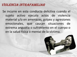 Violencia intrafamiliar
Se incurre en esta conducta delictiva cuando el
  sujeto activo ejecuta actos de violencia
  material y/o en amenazas, golpes y agresiones
  emocionales, que causan situaciones de
  extrema angustia o sufrimiento en el cuerpo o
  en la salud física o mental de la víctima.
 