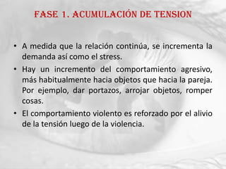 FASE 1. ACUMULACIÓN DE TENSION


• A medida que la relación continúa, se incrementa la
  demanda así como el stress.
• Hay un incremento del comportamiento agresivo,
  más habitualmente hacia objetos que hacia la pareja.
  Por ejemplo, dar portazos, arrojar objetos, romper
  cosas.
• El comportamiento violento es reforzado por el alivio
  de la tensión luego de la violencia.
 
