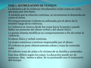  FASE 1. ACUMULACIÓN DE TENSION
 La dinámica de la violencia Intrafamiliar existe como un ciclo,
    que pasa por tres fases:
   A medida que la relación continúa, se incrementa la demanda así
    como el stress.
   El comportamiento violento es reforzado por el alivio de la
    tensión luego de la violencia.
   La violencia se mueve desde las cosas hacia la pareja y puede
    haber un aumento del abuso verbal y del abuso físico.
   La pareja intenta modificar su comportamiento a fin de evitar la
    violencia.
   El abuso físico y verbal continúa.
   La mujer comienza a sentirse responsable por el abuso.
   El violento se pone obsesivamente celoso y trata de controlar
    todo.
   El violento trata de aislar a la víctima de su familia y amistades.
   Esta fase difiere según los casos. La duración puede ser de
    semanas, días, meses o años. Se va acortando con el transcurrir
    del tiempo.
 