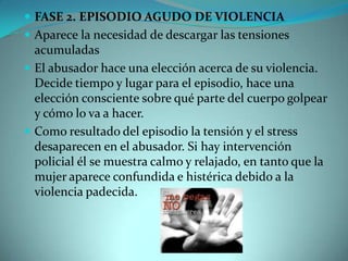  FASE 2. EPISODIO AGUDO DE VIOLENCIA
 Aparece la necesidad de descargar las tensiones
  acumuladas
 El abusador hace una elección acerca de su violencia.
  Decide tiempo y lugar para el episodio, hace una
  elección consciente sobre qué parte del cuerpo golpear
  y cómo lo va a hacer.
 Como resultado del episodio la tensión y el stress
  desaparecen en el abusador. Si hay intervención
  policial él se muestra calmo y relajado, en tanto que la
  mujer aparece confundida e histérica debido a la
  violencia padecida.
 