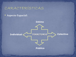  Aspecto Espacial:


                        Intimo




    Individual        TERRITORIO   Colectivo




                        Público
 