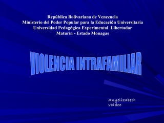 República Bolivariana de Venezuela
Ministerio del Poder Popular para la Educación Universitaria
     Universidad Pedagógica Experimental Libertador
                 Maturín - Estado Monagas




                                          Anyelizabeth
                                          valdez
 