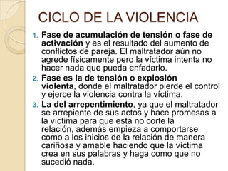 CICLO DE LA VIOLENCIA
1. Fase de acumulación de tensión o fase de
   activación y es el resultado del aumento de
   conflictos de pareja. El maltratador aún no
   agrede físicamente pero la víctima intenta no
   hacer nada que pueda enfadarlo.
2. Fase es la de tensión o explosión
   violenta, donde el maltratador pierde el control
   y ejerce la violencia contra la víctima.
3. La del arrepentimiento, ya que el maltratador
   se arrepiente de sus actos y hace promesas a
   la víctima para que esta no corte la
   relación, además empieza a comportarse
   como a los inicios de la relación de manera
   cariñosa y amable haciendo que la víctima
   crea en sus palabras y haga como que no
   sucedió nada.
 