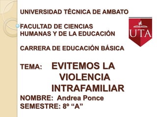 UNIVERSIDAD TÉCNICA DE AMBATO

FACULTAD DE CIENCIAS
HUMANAS Y DE LA EDUCACIÓN

CARRERA DE EDUCACIÓN BÁSICA


TEMA:   EVITEMOS LA
          VIOLENCIA
        INTRAFAMILIAR
NOMBRE: Andrea Ponce
SEMESTRE: 8º “A”
 