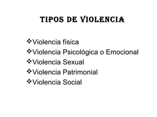 TIPOS DE VIOLENCIA

Violencia física
Violencia Psicológica o Emocional
Violencia Sexual
Violencia Patrimonial
Violencia Social
 