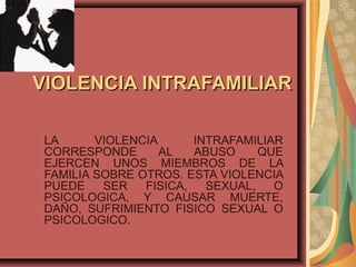 VIOLENCIA INTRAFAMILIARVIOLENCIA INTRAFAMILIAR
LA VIOLENCIA INTRAFAMILIAR
CORRESPONDE AL ABUSO QUE
EJERCEN UNOS MIEMBROS DE LA
FAMILIA SOBRE OTROS. ESTA VIOLENCIA
PUEDE SER FISICA, SEXUAL, O
PSICOLOGICA, Y CAUSAR MUERTE,
DAÑO, SUFRIMIENTO FISICO SEXUAL O
PSICOLOGICO.
 