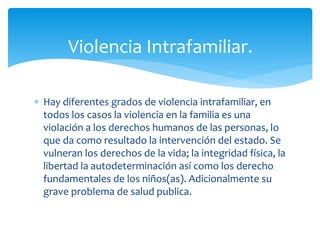 Hay diferentes grados de violencia intrafamiliar, en
todos los casos la violencia en la familia es una
violación a los derechos humanos de las personas, lo
que da como resultado la intervención del estado. Se
vulneran los derechos de la vida; la integridad física, la
libertad la autodeterminación así como los derecho
fundamentales de los niños(as). Adicionalmente su
grave problema de salud publica.
Violencia Intrafamiliar.
 