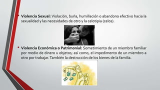 • Violencia Sexual: Violación, burla, humillación o abandono efectivo hacia la 
sexualidad y las necesidades de otro y la celotipia (celos). 
• Violencia Económica o Patrimonial: Sometimiento de un miembro familiar 
por medio de dinero u objetos; así como, el impedimento de un miembro a 
otro por trabajar.También la destrucción de los bienes de la familia. 
 