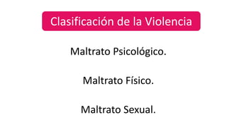 Clasificación de la Violencia 
Maltrato Psicológico. 
Maltrato Físico. 
Maltrato Sexual. 
 
