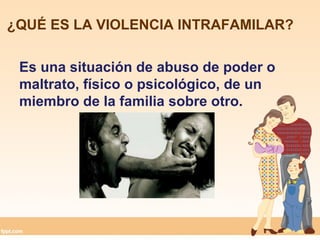 ¿QUÉ ES LA VIOLENCIA INTRAFAMILAR?
Es una situación de abuso de poder o
maltrato, físico o psicológico, de un
miembro de la familia sobre otro.
 