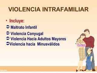 VIOLENCIA INTRAFAMILIAR
• Incluye:
 Maltrato Infantil
 Violencia Conyugal
 Violencia Hacia Adultos Mayores
Violencia h...