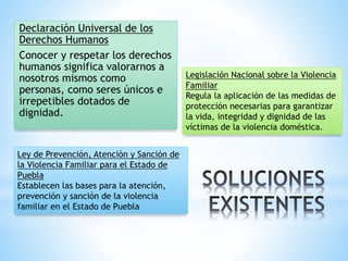 Declaración Universal de los
Derechos Humanos
Conocer y respetar los derechos
humanos significa valorarnos a
nosotros mismos como
personas, como seres únicos e
irrepetibles dotados de
dignidad.
Legislación Nacional sobre la Violencia
Familiar
Regula la aplicación de las medidas de
protección necesarias para garantizar
la vida, integridad y dignidad de las
víctimas de la violencia doméstica.
Ley de Prevención, Atención y Sanción de
la Violencia Familiar para el Estado de
Puebla
Establecen las bases para la atención,
prevención y sanción de la violencia
familiar en el Estado de Puebla
 