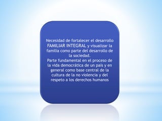 Necesidad de fortalecer el desarrollo
FAMILIAR INTEGRAL y visualizar la
familia como parte del desarrollo de
la sociedad.
Parte fundamental en el proceso de
la vida democrática de un país y en
general como base central de la
cultura de la no violencia y del
respeto a los derechos humanos
 