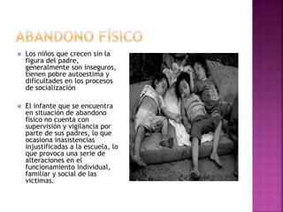  Los niños que crecen sin la
figura del padre,
generalmente son inseguros,
tienen pobre autoestima y
dificultades en los procesos
de socialización
 El infante que se encuentra
en situación de abandono
físico no cuenta con
supervisión y vigilancia por
parte de sus padres, lo que
ocasiona inasistencias
injustificadas a la escuela, lo
que provoca una serie de
alteraciones en el
funcionamiento individual,
familiar y social de las
victimas.
 