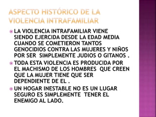  LA VIOLENCIA INTRAFAMILIAR VIENE
SIENDO EJERCIDA DESDE LA EDAD MEDIA
CUANDO SE COMETIERON TANTOS
GENOCIDIOS CONTRA LAS MUJERES Y NIÑOS
POR SER SIMPLEMENTE JUDIOS O GITANOS .
 TODA ESTA VIOLENCIA ES PRODUCIDA POR
EL MACHISMO DE LOS HOMBRES QUE CREEN
QUE LA MUJER TIENE QUE SER
DEPENDIENTE DE EL .
 UN HOGAR INESTABLE NO ES UN LUGAR
SEGURO ES SIMPLEMENTE TENER EL
ENEMIGO AL LADO.
 