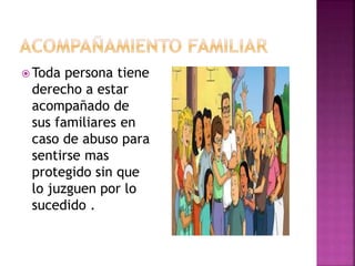  Toda persona tiene
derecho a estar
acompañado de
sus familiares en
caso de abuso para
sentirse mas
protegido sin que
lo juzguen por lo
sucedido .
 