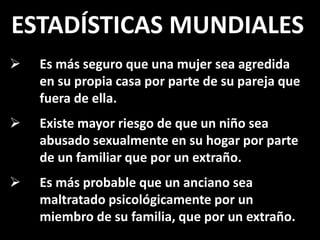 ESTADÍSTICAS MUNDIALES
 Es más seguro que una mujer sea agredida
en su propia casa por parte de su pareja que
fuera de ella.
 Existe mayor riesgo de que un niño sea
abusado sexualmente en su hogar por parte
de un familiar que por un extraño.
 Es más probable que un anciano sea
maltratado psicológicamente por un
miembro de su familia, que por un extraño.
 