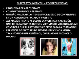 MALTRATO INFANTIL – CONSECUENCIAS:
• PROBLEMAS DE APRENDIZAJES
• COMPORTAMIENTOS AGRESIVOS
• UN NIÑO MALTRATADO TIENE MAYOR RIESGO DE CONVERTIRSE
EN UN ADULTO MALTRATADO Y VIOLENTO
• ACEPTACIÓN FRENTE AL USO DE LA VIOLENCIA Y AGRESIÓN
• UNO DE CADA 2 NIÑOS QUE SON VÍCTIMAS DE VIOLENCIA GRAVE
CONSIDERA QUE EL CASTIGO FÍSICO SIRVE PARA LA FORMACIÓN
• PRESENCIA DE FACTORES DE RIESGOS: DEFICIENCIA MENTAL,
TRANSTORNOS HIPERCINÉTICOS, CONSUMO DE ALCOHOL O
DROGAS
 