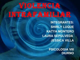 Violencia
intrafamiliar
           INTEGRANTES:
           SHIRLY LUQUE
         KATYA MONTERO
       LAURA SEPULVEDA
           JESSICA VILLA

          PSICOLOGIA VIII
                 DIURNO
 