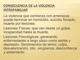 CONSECUENCIA DE LA VIOLENCIA
INTRAFAMILIAR
La violencia que comienza con amenazas
puede terminar en homicidio, suicidio forzado,
muerte por lesiones.
Lesiones Físicas: que van desde un golpe,
incapacidad hasta la muerte.
Lesiones Psicológicas: generando
enfermedades a largo plazo como estrés y
depresión. Sentimientos de temor, culpa,
desvalorización, idio, vergüenza, desconfianza
y aislamiento.
 