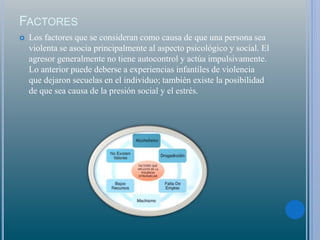 FACTORES
 Los factores que se consideran como causa de que una persona sea
violenta se asocia principalmente al aspecto psicológico y social. El
agresor generalmente no tiene autocontrol y actúa impulsivamente.
Lo anterior puede deberse a experiencias infantiles de violencia
que dejaron secuelas en el individuo; también existe la posibilidad
de que sea causa de la presión social y el estrés.
 