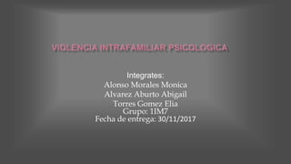 Integrates:
Alonso Morales Monica
Alvarez Aburto Abigail
Torres Gomez Elia
Grupo: 1IM7
Fecha de entrega: 30/11/2017
 