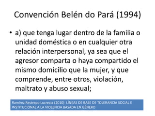 Convención Belén do Pará (1994)
• b) que tenga lugar en la comunidad y sea
perpetrada por cualquier persona y que
comprend...