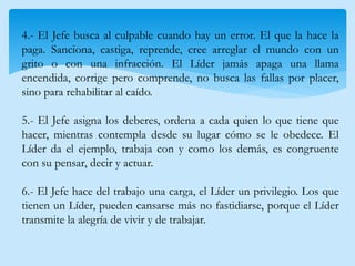 4.- El Jefe busca al culpable cuando hay un error. El que la hace la paga. Sanciona, castiga, reprende, cree arreglar el mundo con un grito o con una infracción. El Líder jamás apaga una llama encendida, corrige pero comprende, no busca las fallas por placer, sino para rehabilitar al caído. 5.- El Jefe asigna los deberes, ordena a cada quien lo que tiene que hacer, mientras contempla desde su lugar cómo se le obedece. El Líder da el ejemplo, trabaja con y como los demás, es congruente con su pensar, decir y actuar. 6.- El Jefe hace del trabajo una carga, el Líder un privilegio. Los que tienen un Líder, pueden cansarse más no fastidiarse, porque el Líder transmite la alegría de vivir y de trabajar.  