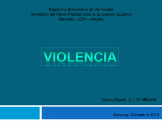 Republica Bolivariana de Venezuela
Ministerio del Poder Popular para la Educación Superior
Maracay – Edo – Aragua

Castro Miguel. C.I: 17.985.806

Maracay, Diciembre 2013

 