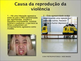 1. - Há uma interação agressiva entre os pais e filho caracterizada por reprimendas  insultos e disciplina inconsistente, conduta irritável e explosiva, o que leva os  filhos a adquirirem um comportamento agressivo como modelo. 2. - Esta agressividade acaba  determinando uma rejeição por parte dos outros, fracasso escolar e humor depressivo © RAY PIETRO/PHOTONICA - WIDE IMAGES 