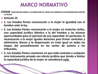 CEDAW CONVENCION SOBRE LA ELIMINACION DE TODAS LAS FORMAS DE DISCRIMINACION CONTRA
LA MUJER
 Artículo 15
 1. Los Estados Partes reconocerán a la mujer la igualdad con el
hombre ante la ley.
 2. Los Estados Partes reconocerán a la mujer, en materias civiles,
una capacidad jurídica idéntica a la del hombre y las mismas
oportunidades para el ejercicio de esa capacidad. En particular, le
reconocerán a la mujer iguales derechos para firmar contratos y
administrar bienes y le dispensarán un trato igual en todas las
etapas del procedimiento en las cortes de justicia y los
tribunales.
 3. Los Estados Partes convienen en que todo contrato o cualquier
otro instrumento privado con efecto jurídico que tienda a limitar
la capacidad jurídica de la mujer se considerará nulo.
 