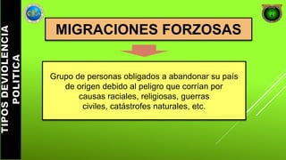 MIGRACIONES FORZOSAS 
Grupo de personas obligados a abandonar su país 
de origen debido al peligro que corrían por 
causas raciales, religiosas, guerras 
civiles, catástrofes naturales, etc. 
 