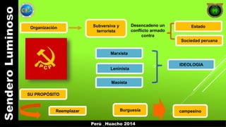 Estado 
Sociedad peruana 
IDEOLOGIA 
Desencadeno un 
conflicto armado 
contra 
c 
Organización Subversiva y 
terrorista 
Marxista 
Leninista 
Maoísta 
SU PROPÓSITO 
c 
Reemplazar Burguesía campesino 
Perú _Huacho 2014 
 