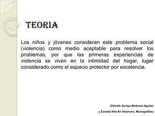 TEORIA
Los niños y jóvenes consideran este problema social
(violencia) como medio aceptable para resolver los
problemas, por que las primeras experiencias de
violencia se viven en la intimidad del hogar, lugar
considerado como el espacio protector por excelencia.




                                      (Vélveth Zoraya Medrano Aguilar

                              y Zoraida Nila Ari Añamuro, Monografias)
 