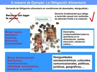 A manera de Ejemplo: La Obligación Alimentaria
Demanda de Obligación alimentaria en condiciones de desempleo, desigualdad,..

                                             Derecho fundamental que obliga
Declarar sin lugar                           a recorrido causal con vertientes
la acción                   Expresión        de atención frente a la violación




Nivel socio                                          Desempleo,
familiar:                                            irresponsabilidad paterna,
                                                     desinterés en la
Familia,
                                                     alimentación, vestido,
Escuela,                                             educación, asistencia
Comunidad                                            médica,…




 Nivel Estructural:                        Desigualdades
 Servicios,                                socioeconómicas, culturales,
 instituciones,                            comunicacionales, políticas,
 abordaje económico,                       jurídicas, geográficas,…
 jurídico y social
 